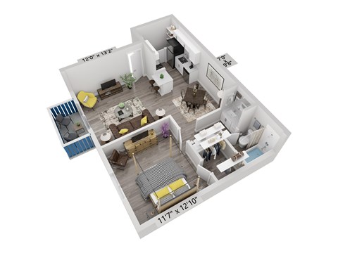 Floor plan for 1 bed, 1 bath, 605 sqft